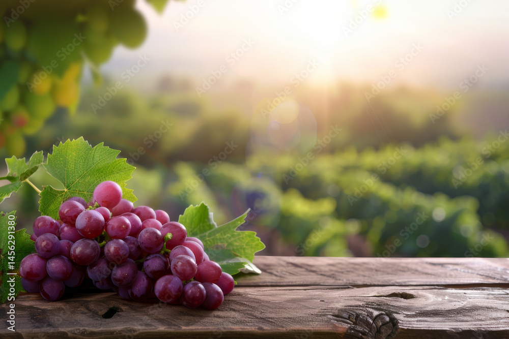 A bunch of ripe red grapes with green leaves on a wooden surface, vineyard and sunlit background.