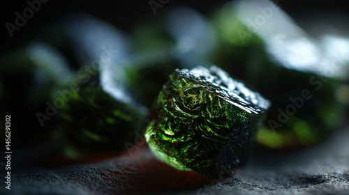 Obraz na płótnie Exposure of moldavite stone with intricate green patterns w salonie