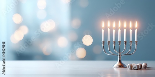 Hanukkah menorah with lit candles and dreidels on table, traditional Jewish holiday composition, peaceful cultural celebration scene, Selective Focus..