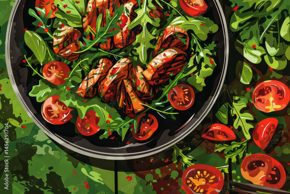 A vibrant plate of grilled chicken salad with fresh tomatoes, greens, and herbs on a wooden table.