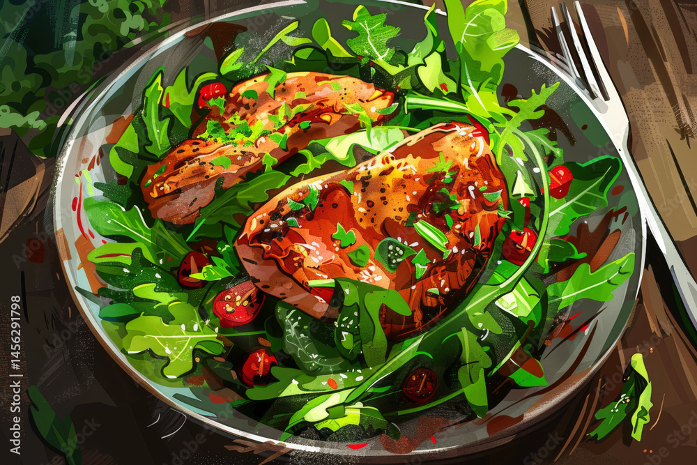 A vibrant plate of grilled chicken salad with fresh tomatoes, greens, and herbs on a wooden table.