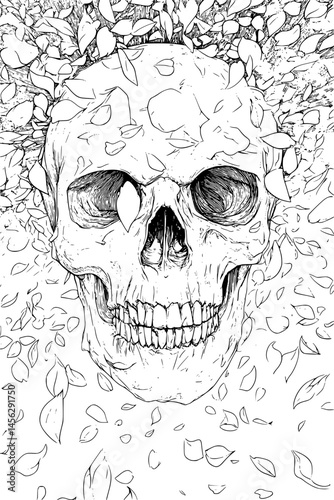 Skull Cracked With Falling Petals, coloring book style, vector design