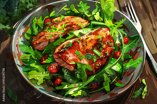 Obraz na płótnie A vibrant plate of grilled chicken salad with fresh tomatoes, greens, and herbs on a wooden table. w salonie