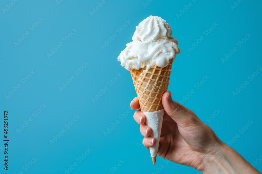 A hand holding a vanilla ice cream cone against a bright blue background, showcasing a delicious summer treat.