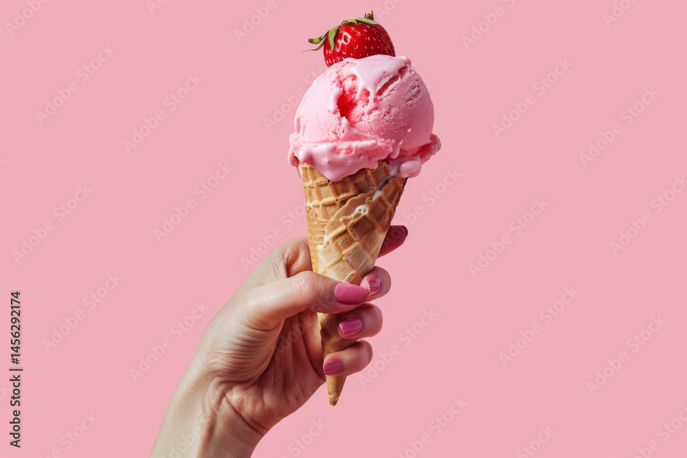 A hand holding a strawberry ice cream cone with a fresh strawberry on top against a pink background.