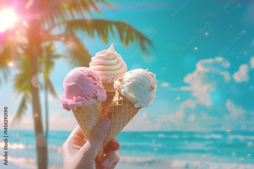 A hand holding three ice cream cones on a beach with palm trees and a clear blue sky.
