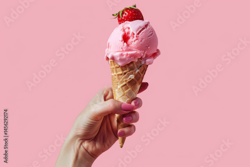 Obraz na płótnie A hand holding a strawberry ice cream cone with a fresh strawberry on top against a pink background. w salonie