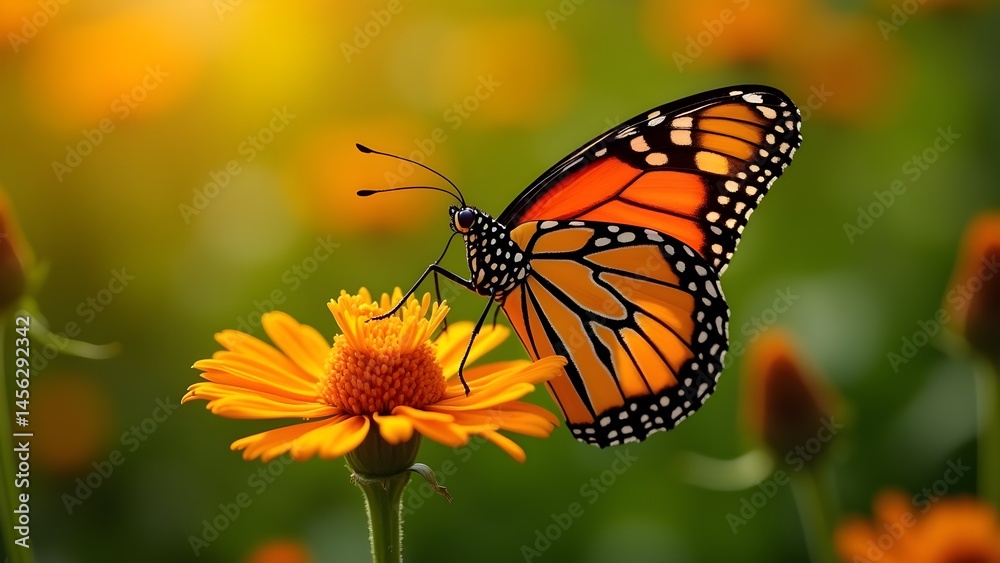 Obraz premium Monarch Butterfly on Yellow Flower, Summer Garden Scene