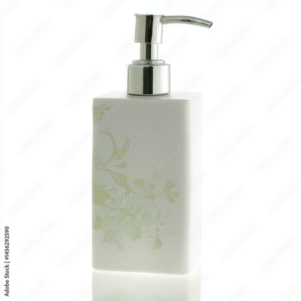 Obraz premium Elegant white soap dispenser with floral design and silver pump, ideal for modern bathroom decor and hospitality settings, minimalist aesthetic, and stylish touch