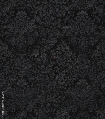 Intricate black damask, seamless floral vines , dark pattern, seamless