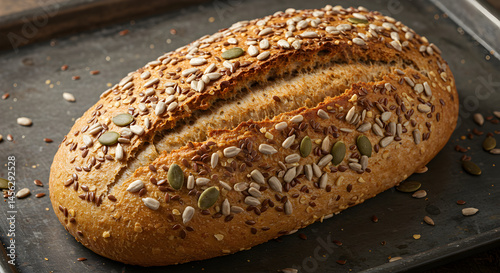 Freshly Baked Multi Seed Bread On Dark Tray For Nutritious Diet