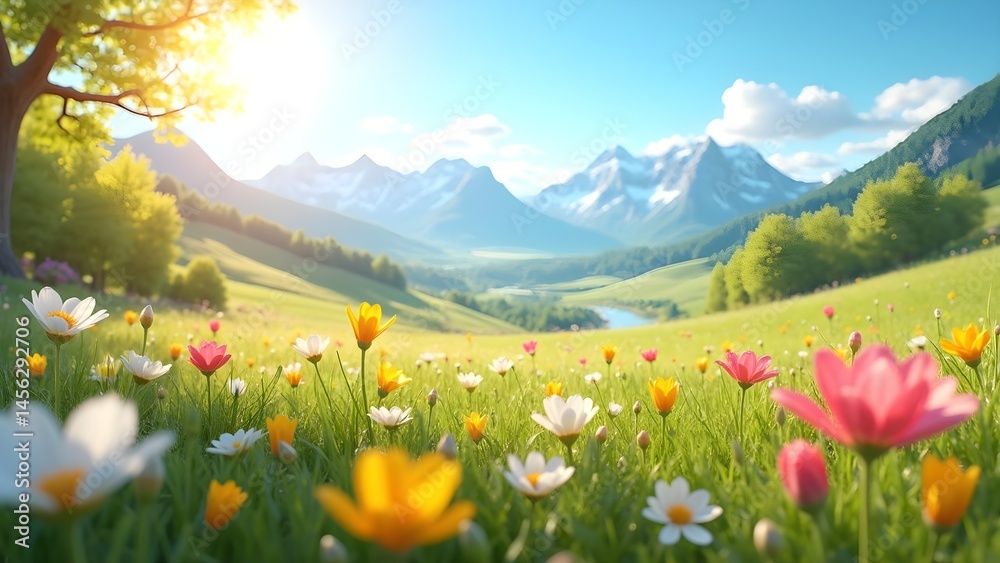 Fototapeta premium Picturesque Mountain Landscape with Wildflowers in Full Bloom Under a Sunny Sky