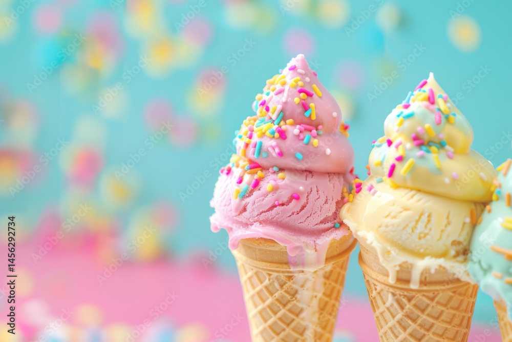 A pink soft serve ice cream cone with colorful sprinkles against a dreamy pastel blue background.