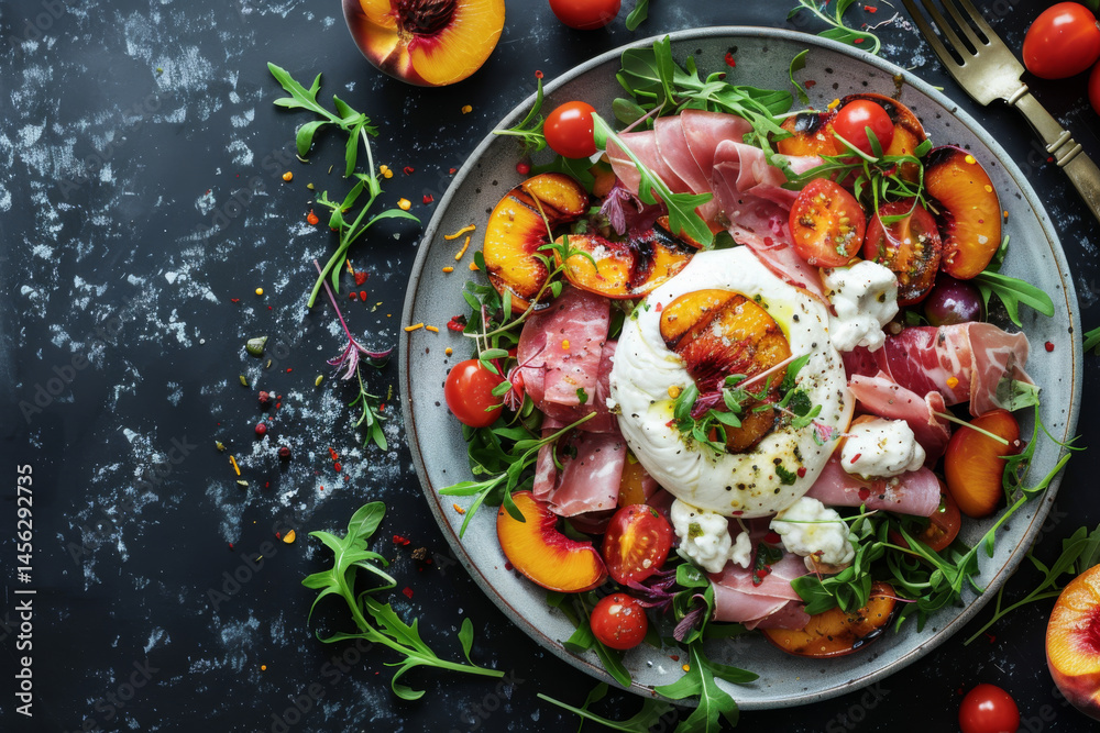 A gourmet breakfast plate with sunny side up eggs, prosciutto, peaches, and fresh greens on a dark slate background.