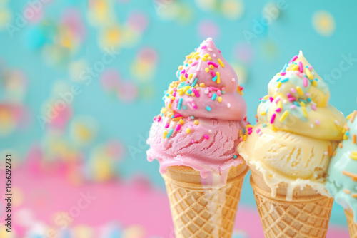 Obraz na płótnie A pink soft serve ice cream cone with colorful sprinkles against a dreamy pastel blue background. w salonie
