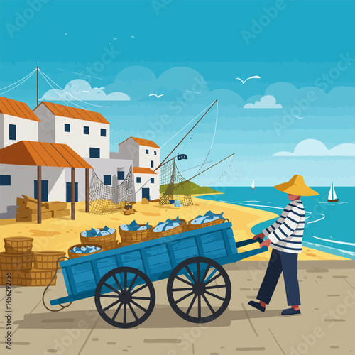 Pushing Cart of Fish Near Seaside Buildings and Sailing Boats