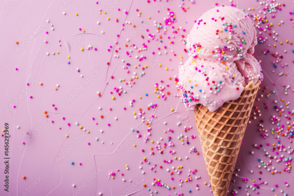 A pink soft serve ice cream cone with colorful sprinkles against a dreamy pastel blue background.