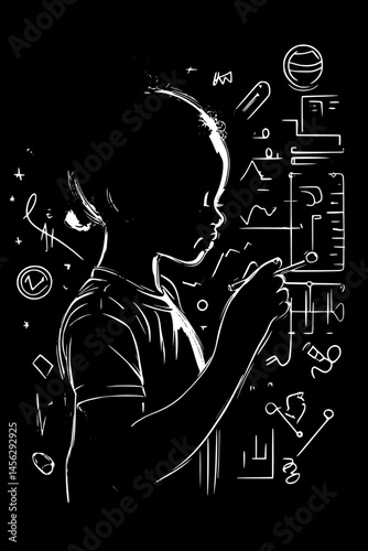 Teacher Writing On Glowing Board, coloring book style, vector design