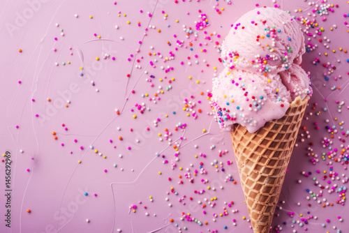 Obraz na płótnie A pink soft serve ice cream cone with colorful sprinkles against a dreamy pastel blue background. w salonie