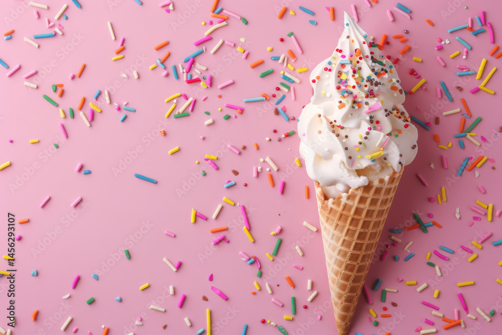 A pink soft serve ice cream cone with colorful sprinkles against a dreamy pastel blue background.