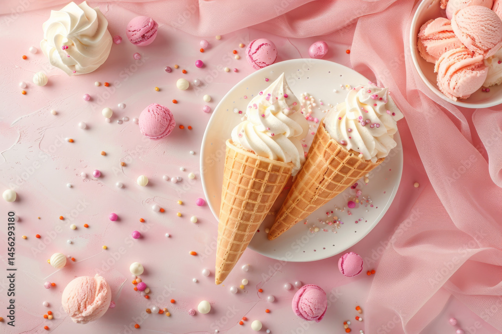 A pink soft serve ice cream cone with colorful sprinkles against a dreamy pastel blue background.