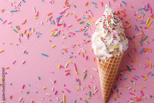 Obraz na płótnie A pink soft serve ice cream cone with colorful sprinkles against a dreamy pastel blue background. w salonie