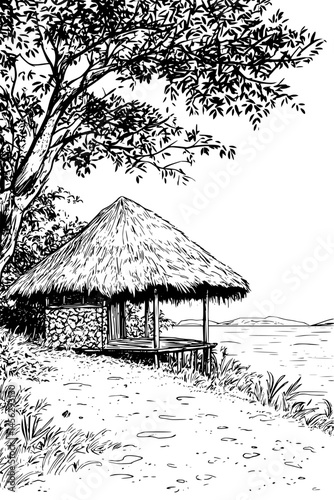 Thatched Roof Hut Facing Ocean View, coloring book style, vector design