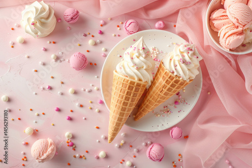 Obraz na płótnie A pink soft serve ice cream cone with colorful sprinkles against a dreamy pastel blue background. w salonie