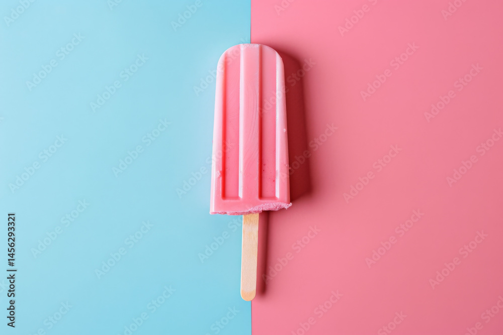 Pink popsicle on a two-tone background, with half blue and half pink, creating a vibrant contrast.