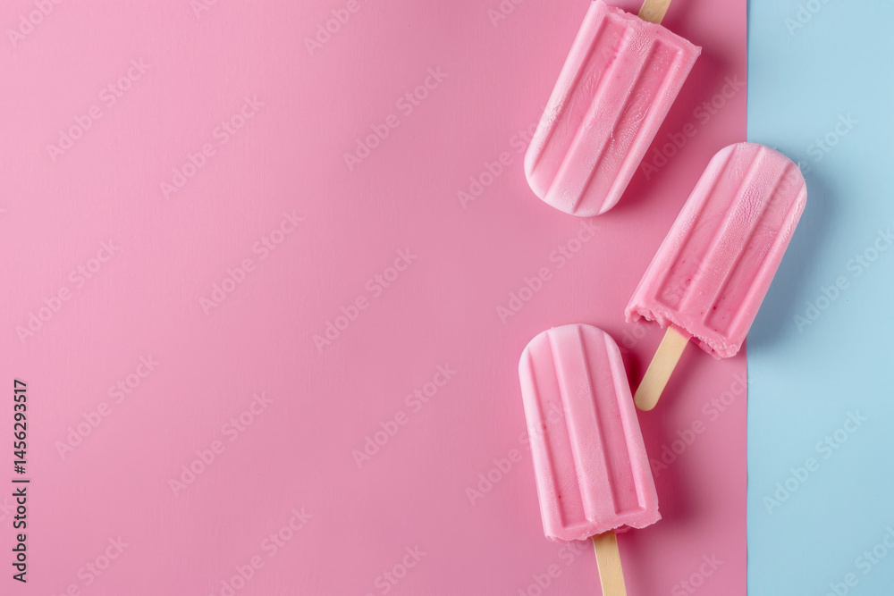 Three pink popsicles on a two-tone background with blue and pink, creating a playful and vibrant scene.