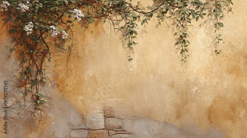 Floral vine with white blossoms on a textured beige and brown background.