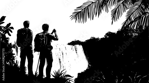 Trekkers Admiring Waterfall From Lookout, vector design