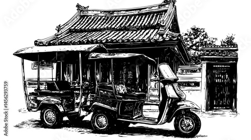 Tuk Tuk Parked Beside Temple Entrance, vector design