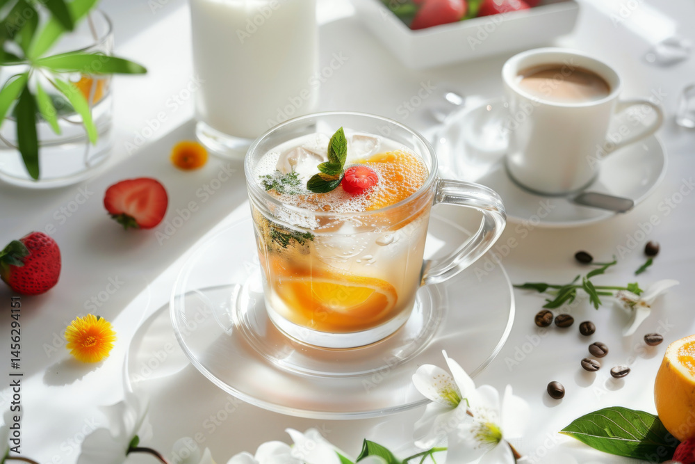 A variety of refreshing beverages, including iced coffee, fruit drinks, and milk tea, with fresh fruits and ice.