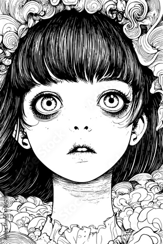 Unsettling Portrait With Shifting Eyes, coloring book style, vector design