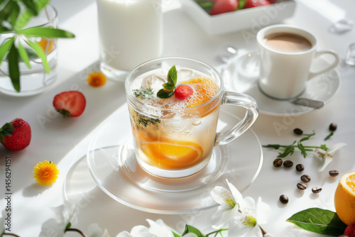 Obraz na płótnie A variety of refreshing beverages, including iced coffee, fruit drinks, and milk tea, with fresh fruits and ice. w salonie