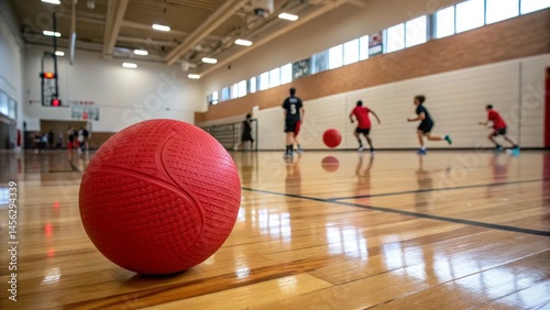 Red Dodgeball on Indoor Court Shallow Depth of Field Composition, Shiny Wooden Floor, Youth Game Action, Dodgeball Game, Indoor Sports Dodgeball, Indoor Games