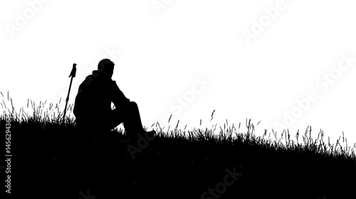 Walker Resting Beside Alpine Meadow View, vector design