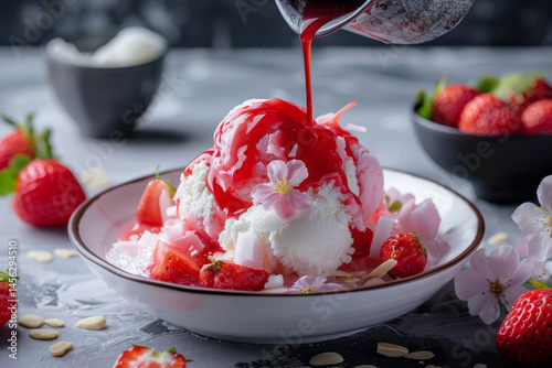 Obraz na płótnie Close-up of a bowl of vanilla ice cream with strawberries and almond slices, topped with red syrup and flower garnish. w salonie