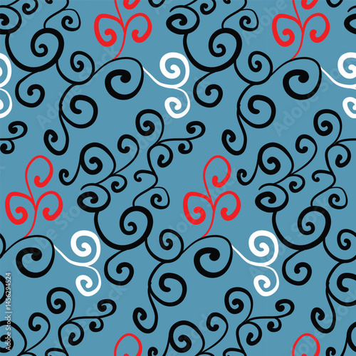 Seamless pattern with spiral branches ornament, in blue-gray, red, black and white. Hand drawn doodle abstract background