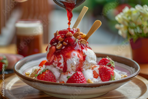 Close-up of a bowl of vanilla ice cream with strawberries and almond slices, topped with red syrup and flower garnish.