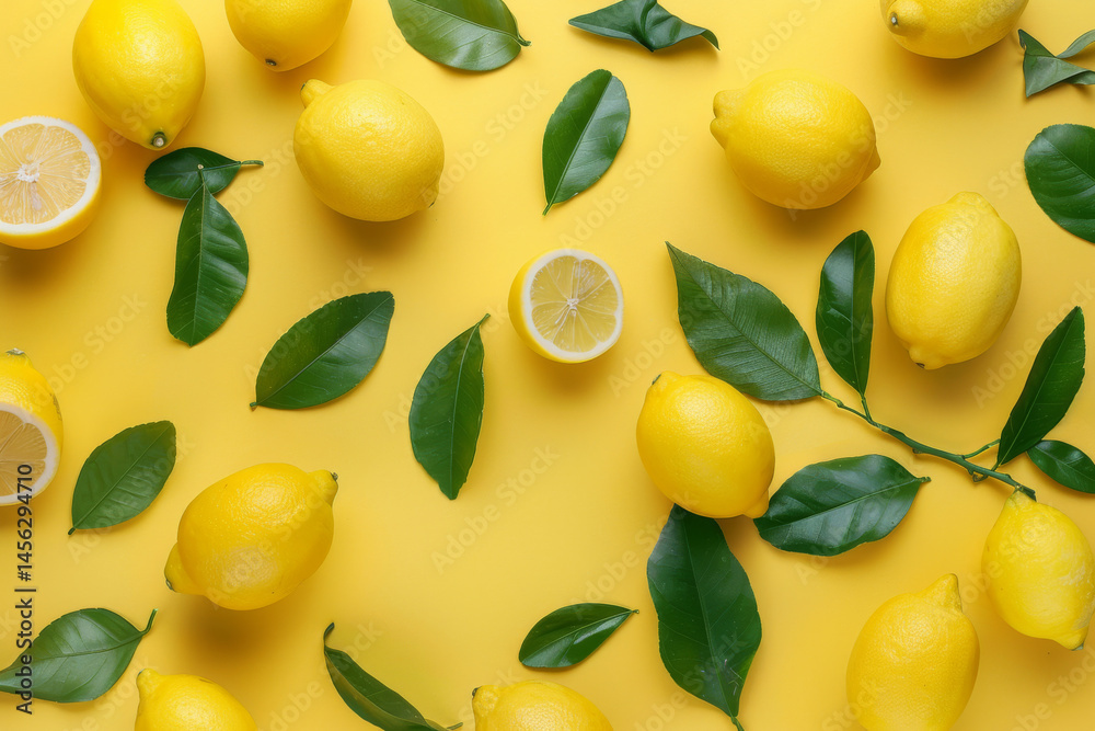 Fresh lemons and green leaves arranged on a vibrant yellow background, showcasing a bright and citrusy theme.