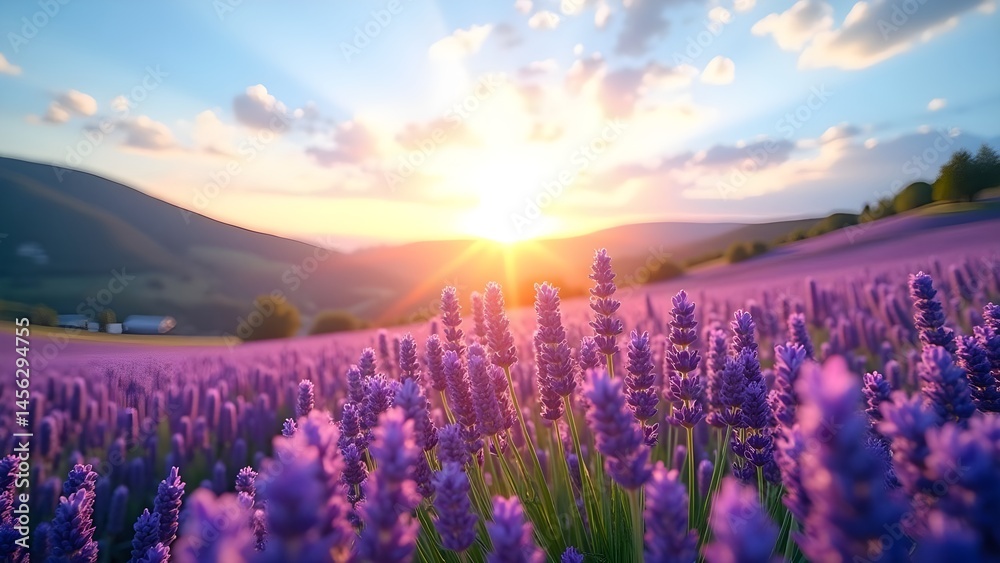 Fototapeta premium Purple Haze: Lavender Field at Sunset with Rolling Hills and Cloudscape - Aromatic, Floral, and Scenic Landscape