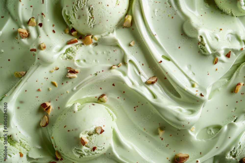 Close-up of creamy pistachio ice cream with chopped pistachio nuts, showcasing its smooth texture and rich flavor.