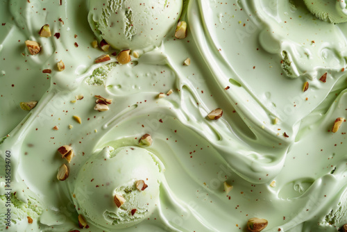 Obraz na płótnie Close-up of creamy pistachio ice cream with chopped pistachio nuts, showcasing its smooth texture and rich flavor. w salonie