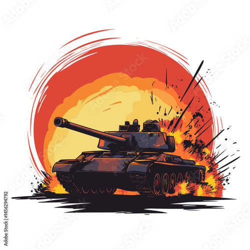 vector military tank at sunset 80s style .Generative AI