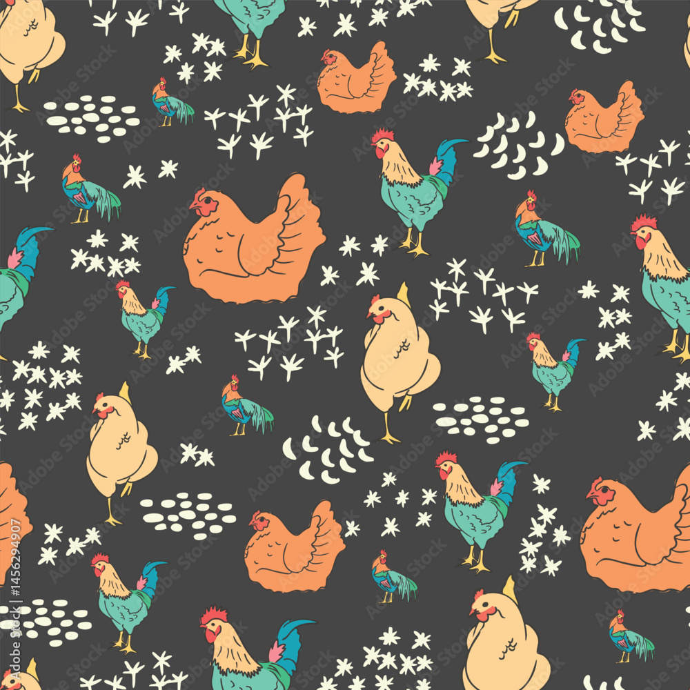 Obraz premium Whimsical Chicken and Rooster Vector Seamless Pattern for Farm Inspired Projects