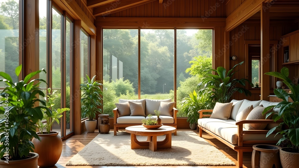 Fototapeta premium Serene Interior with Wooden Design, Plants, and View to Nature