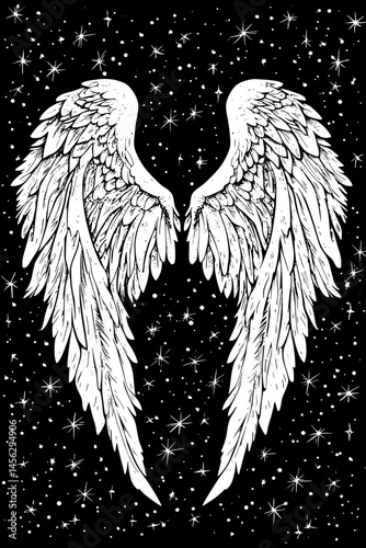 Wings Spreading Across Heavenly Sky, coloring book style, vector design