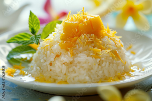 Traditional Thai mango sticky rice dessert served with fresh mango cubes, coconut milk, and garnished with mint leaves.